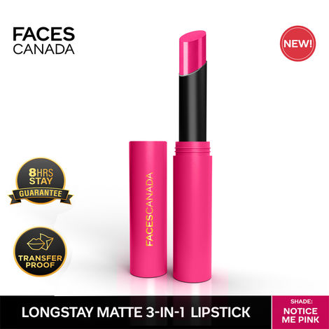 FACES CANADA Long Stay 3-in-1 Matte Lipstick - Notice Me Pink 06, 2g | 8HR Longstay | Transfer Proof | Moisturizing | Chamomile & Shea Butter | Primer-Infused | Lightweight | Intense Color Payoff