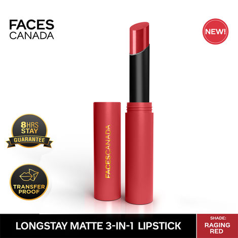FACES CANADA Long Stay 3-in-1 Matte Lipstick - Raging Red 10, 2g | 8HR Longstay | Transfer Proof | Moisturizing | Chamomile & Shea Butter | Primer-Infused | Lightweight | Intense Color Payoff