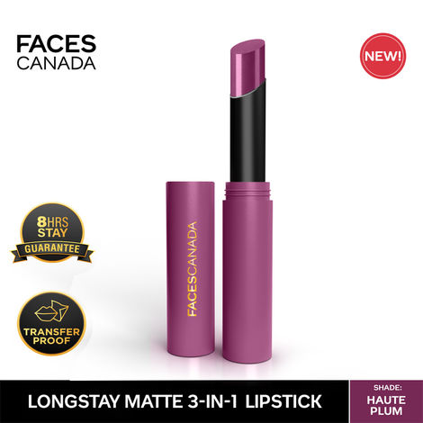 FACES CANADA Long Stay 3-in-1 Matte Lipstick - Haute Plum 08, 2g | 8HR Longstay | Transfer Proof | Moisturizing | Chamomile & Shea Butter | Primer-Infused | Lightweight | Intense Color Payoff