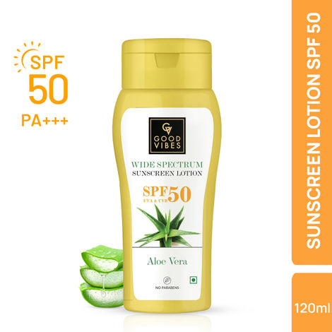 Good Vibes Aloe Vera Wide Spectrum Sunscreen Lotion SPF 50 | Non-Greasy, Anti-Ageing | Nourishing | No Parabens, No Animal Testing (120 ml)