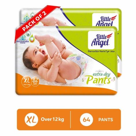 Little Angel Extra Dry Baby Pants Diaper, Extra Large (XL) Size, 64 Count,  Super Absorbent Core Up to 12 Hrs. Protection, Soft Elastic Waist Grip &  Wetness Indicator, Pack of 2, 32