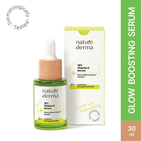 Nature Derma 10% Vitamin C Serum with Natural Biome-Boost™ To Reduce Wrinkles, Acne Marks & Dark Spots | Use For Brighter, Healthier & Strengthened Skin | 30ml | Dermatologically Tested
