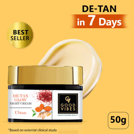 Good Vibes De-Tan Glow Night Cream Ubtan with Power of Serum | Tan free, Brightening, Pigmentation, Skin renewing, Sleep treatment (50 g)
