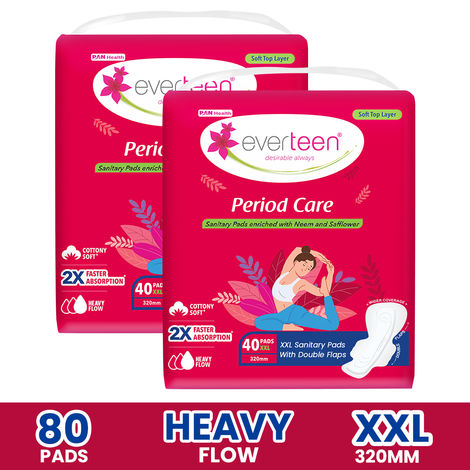 everteen Period Care XXL Soft 40 Sanitary Pads 320mm with Double Flaps enriched with Neem and Safflower - 2 Packs (40 Pads Each)