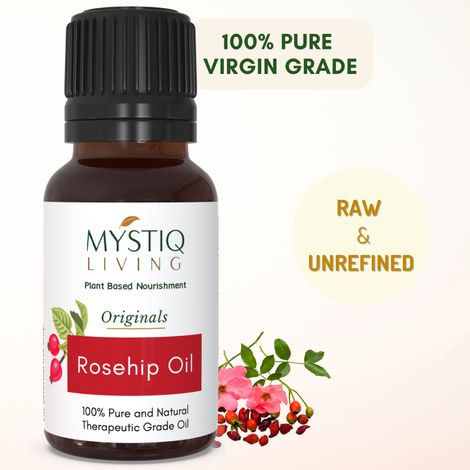 Mystiq Living Rosehip Oil (15 ml) Rose Hip Face Oil Natural Serum, Facial Oil, Face Massage Oil,100% Pure, Cold Pressed Oil for Face, Skin and Hair