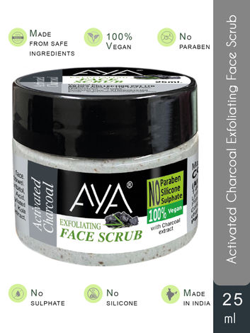 AYA Activated Charcoal Exfoliating Face Scrub, 25 ml | No Paraben, No Silicone, No Sulphate, 100% Vegan