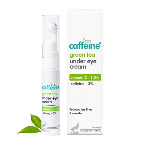 mCaffeine Green Tea Under Eye Cream to Reduce Fine Lines, Wrinkles & Dark Circles | 3% Caffeine, 1.5% Vit C  Reduce dark circles | Cooling Gel & Roller for Men & Women - 15 ml