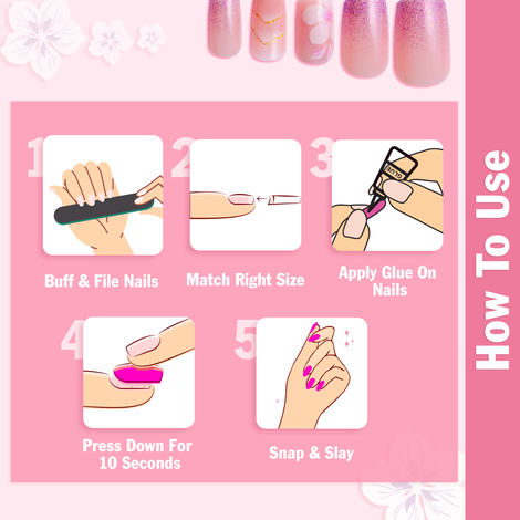 Lick 30 Pcs Pink Mettalic Reusable Artificial Acrylic Nails Set with  Application Kit