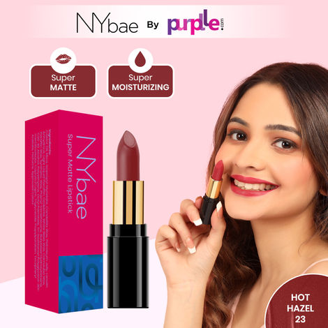 NY Bae Super Matte Lipstick - Hot Hazel 23 (4.2 g) | Red Mauve | Matte Finish | Enriched with Vitamin E | Rich Colour Payoff | Nourishing | Long lasting | Smudgeproof | Vegan | Cruelty & Paraben Free