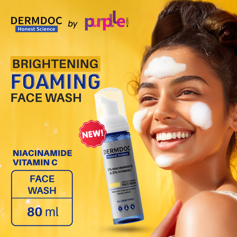 DERMDOC by Purplle 1% Niacinamide & 0.5% Vitamin C Gentle Foaming Face Wash (80 ml) | best face wash for clear & glowing skin | brightening face wash | foaming cleanser
