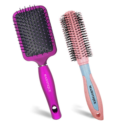 Majestique Professional Paddle and Round Hair Brush Set, Soft Nylon Bristles for Blow Drying and Styling - 2Pcs/Multicolor