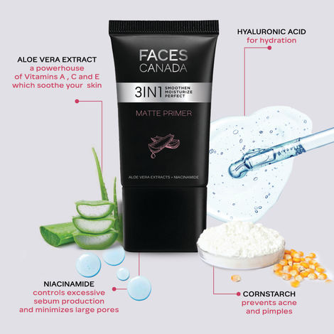 FACES CANADA Matte Primer 30g Hyaluronic acid Niacinamide Lightweight Nonsticky Aloe Vera Corn Starch Vit A C E Paraben Free Alcohol