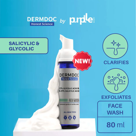 DERMDOC by Purplle 1% Glycolic Acid & 0.5% Salicylic Acid Gentle Foaming Face Wash (80 ml) | foaming face wash for oily acne-prone skin | AHA BHA glow face wash | glowing & fair skin