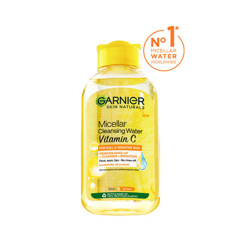 Garnier Vitamin C Micellar Water, 125ml - Anti Pollution Cleanser For Dull Skin, Get 100% Clean Skin