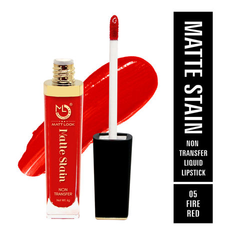 Mattlook Lip Gloss Creamy Matte Stain Lipstick, Non Transfer, Highly Pigmented Colour, Long Lasting, Waterproof, Liquid Lipstick, Fire Red (6gm)