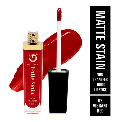 Mattlook Lip Gloss Creamy Matte Stain Lipstick, Non Transfer, Highly Pigmented Colour, Long Lasting, Waterproof, Liquid Lipstick, Vibrant Red (6gm)