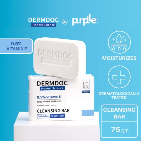 DermDoc by Purplle 0.5% Vitamin E Cleansing Bar (75g) | Soap Free, Alkali Free | Mild, Gentle Cleansing Soap, Moisturising Soap, pH 5.5 Soap | vitamin e for dry skin | facial cleansing bar