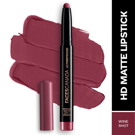 FACES CANADA Ultime Pro HD Intense Matte Lipstick + Primer - Wine Shot, 1.4g | 9HR Long Stay | Feather-Light Comfort | Intense Color | Smooth Glide