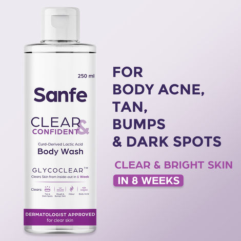 Sanfe Clear & Confident Lactic acid Body Wash | AHA Exfoliating Body Wash for Rough Bumpy Skin & Strawberry Skin | Smooth Skin from 1st Use | 250ml