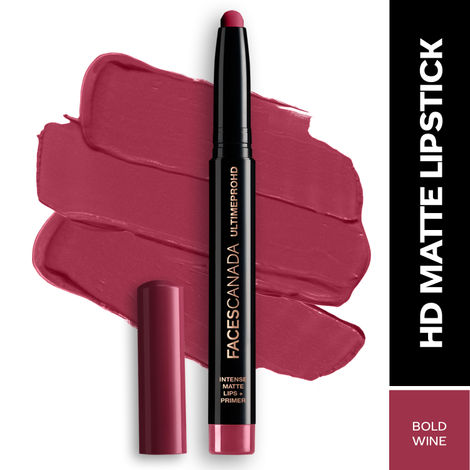 FACES CANADA Ultime Pro HD Intense Matte Lipstick + Primer - Bold Wine, 1.4g | 9HR Long Stay | Feather-Light Comfort | Intense Color | Smooth Glide