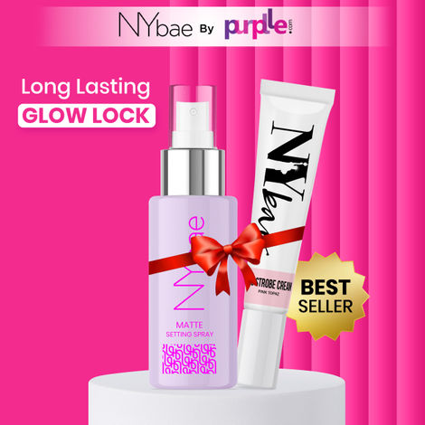 NY Bae Long Lasting Glow Lock | Pink Strobe Cream (12 gm) | Matte Setting Spray (60 ml) | Glowing Korean Skin | Green Tea Infused | NY Bae Makeup Kit | Glow Combo