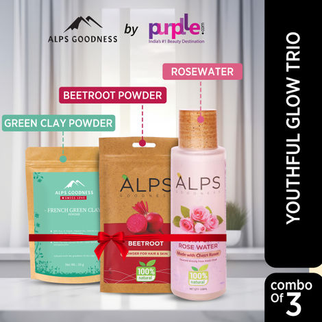Alps Goodness Youthful Glow Trio with Beetroot Powder (50 g), French Green Clay Powder (50 g) & 100% Pure Rose Water (100 ml) I Skin Brightening Combo I Best for Glowing Skin I Pack of 3