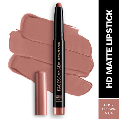 FACES CANADA Ultime Pro HD Intense Matte Lipstick + Primer - Rosy Brown, 1.4g | 9HR Long Stay | Feather-Light Comfort | Intense Color | Smooth Glide