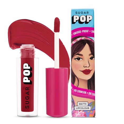 SUGAR POP Matte Lipcolour - 08 Crimson (Dark Ruby) – 1.6 ml - Lasts Up to 8 hours l Ruby Lipstick for Women l Non-Drying, Smudge Proof, Long Lasting