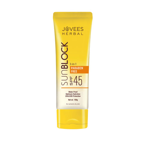 Jovees Herbal Sun Block Sunscreen SPF 45 | For Normal to Dry Skin | Water Proof, UVA/UVB Protection, Moisturization| Paraben and Alcohol Free For Women/Men | 100GM