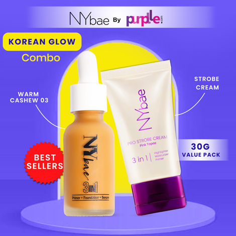 NY Bae Korean Glow Duo - Medium Skin | Strobe Pink Topaz - Value Pack | Warm Cashew Foundation | Skin Tint | Glowy Korean Skin | Fair Skin Tone | Everyday Makeup Kit (60g)