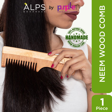 Alps Goodness 100% Natural Neem Comb (Pack of 1) | Comes with a bag | Neem Wood Comb | Antibacterial & Antifungal | 100% Natural Neem Wood | Handmade Comb | Soft Bristles