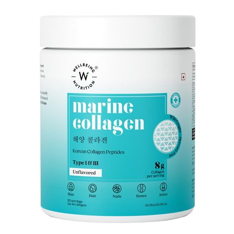 Wellbeing Nutrition Pure Korean Marine Collagen Peptides| Hydrolyzed Type 1 & 3 Collagen Protein and Amino Acids |Supports Healthy Skin, Hair, Nails, Bone & Joint, Non GMO, Unflavored - 200g