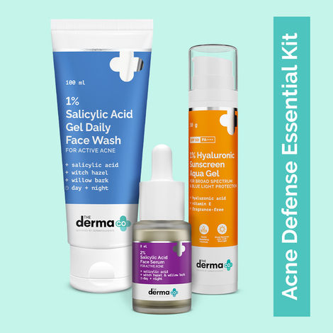 The Derma Co. Acne Defense Trio Kit: Salicylic Acid Gel Facewash (100 ml)+ Salicylic Acid Serum(8 ml) + Hyaluronic Sunscreen (50 gm)