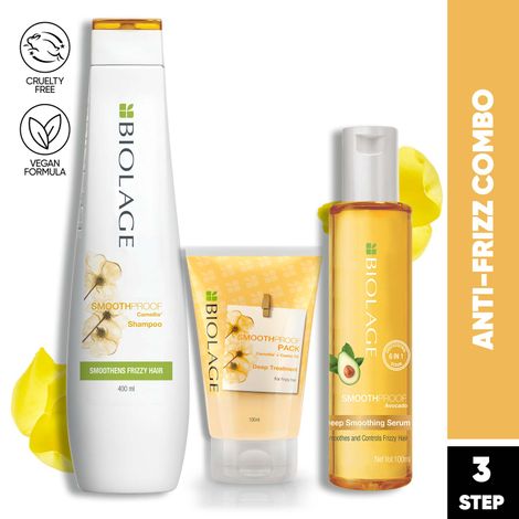 Biolage Smoothproof Shampoo + Smoothproof Deep Treatment Pack for Frizzy Hair + Smoothproof 6-in1 Deep Smoothening Serum (400ml + 100ml + 100ml)