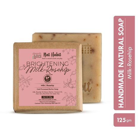 Nat Habit Brightening Milk-Rosehip Bath Soap With Ayurvedic Cold Processed & Vit C For Cleansing, Skin Whitening, Tan Removal & Scar Reduction (125gm)