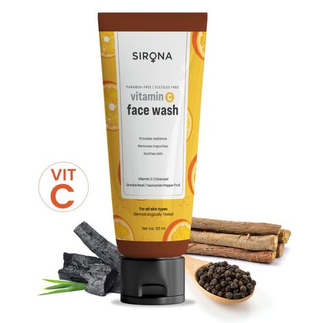 Sirona Vitamin C Face Wash for Men & Women – 125 ml with Charcoal Licorice Root & Tasmanian Pepper Fruit