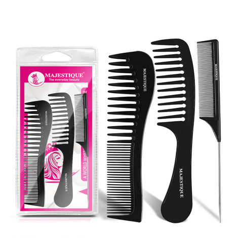 Majestique Professional Wide Comb, Tail Comb, Dresser Hair Comb for All Hair Types & Styles - 3Pcs/Black