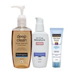 Buy Neutrogena Oily Skin Combo( Neutrogena Deep Clean Facial Cleanser 200ml + Neutrogena Oil-Free Moisture Combination Skin 118ml + Neutrogena Ultra Sheer 30ml) - Purplle