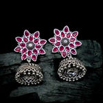 Buy Ferosh Aloka Floral Deep Red Stone Silver Oxidized Jhumkis - Purplle