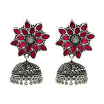 Buy Ferosh Aloka Floral Deep Red Stone Silver Oxidized Jhumkis - Purplle