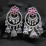 Buy Ferosh Arunakara Silver Oxidized Ruby Red Tri Jhumkis - Purplle