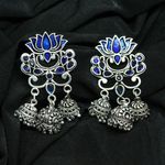 Buy Ferosh Unaisa Blue Lotus Jewel Tri-Jhumka Silver Oxidized Earrings - Purplle