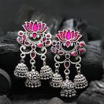 Buy Ferosh Unaisa Pink Lotus Jewel Tri-Jhumka Silver Oxidized Earrings - Purplle