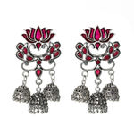 Buy Ferosh Unaisa Pink Lotus Jewel Tri-Jhumka Silver Oxidized Earrings - Purplle