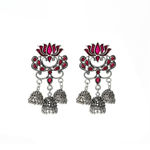 Buy Ferosh Unaisa Pink Lotus Jewel Tri-Jhumka Silver Oxidized Earrings - Purplle