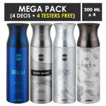 Buy Ajmal Blu & Silver Shade & EvokeSilver Edition Homme & Shadow Homme Deodorant Spray For Men 200ml each (Pack of 4, 800ml) + 4 Parfum Testers Free - Purplle