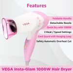 Buy VEGA Insta Glam 1000 Hair Dryer (VHDH-20), White and Pink - Purplle