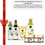 Buy Good Vibes Summer Essentials Combo Kit ( Green Tea Face Wash 120ml + Green Tea Toner 120 ml + Papaya Face Scrub 50g + SPF 50 Sunscreen 50g + Lemon Shower Gel 200 ml) - Purplle