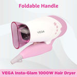 Buy VEGA Insta Glam Foldable 1000 Watts Hair Dryer With 2 Heat & Speed Settings, VHDH-20,White - Pink (Made In India) - Purplle