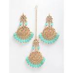 Buy Zeneme Gold-Plated Kundan & Blue Pearl Studded Handcrafted Maang Tika and Matching Earring Jewellery - Purplle